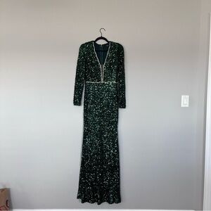 Emerald Green Sequence Long Sleeve Maxi Dress Size S 
V-Neckline, Beaded Waist